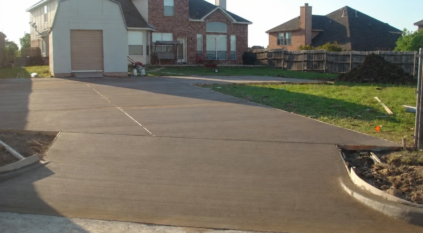 After: large finished concrete driveway at suburban home